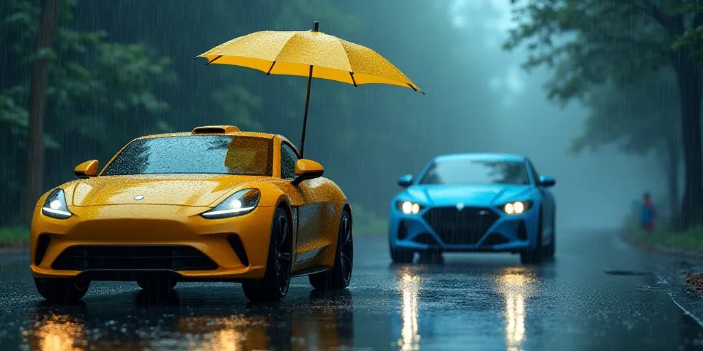 a car is parked in the rain with a yellow umbrella over it and a blue car is parked in the rain, Bee