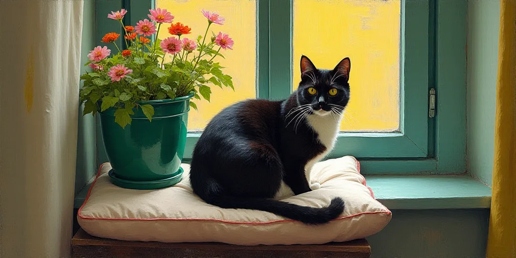 a cat sitting on a pillow in a window sill with a flower pot behind it and a green container, Bonnar