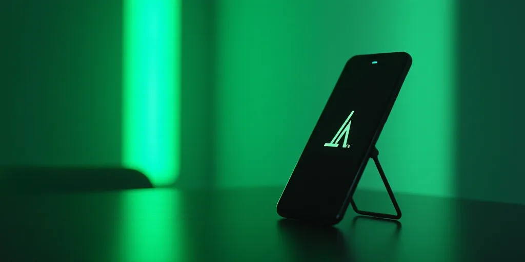 a cell phone with a logo on it sitting on a table next to a wall with a neon green glow, Andries Sto