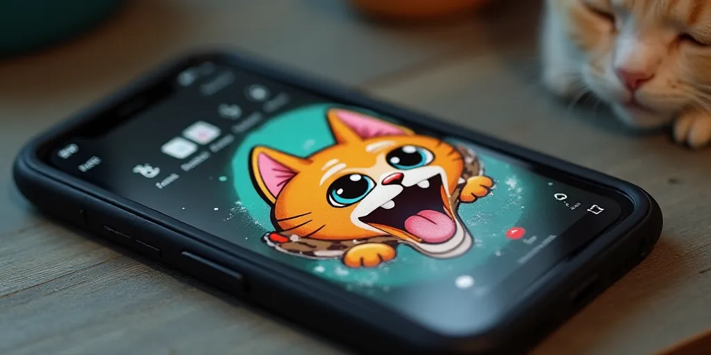 a cell phone with a temu sticker on it's screen and a picture of a cat, Ben Enwonwu, promotional ima