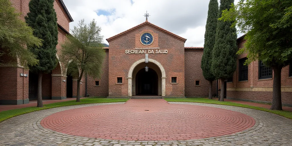 a circular courtyard with a sign that reads secretata da salud on it and a brick walkway leading to