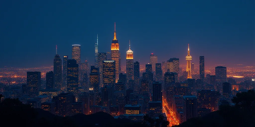 a city skyline at night with a bright orange glow on the buildings and skyscrapers in the background