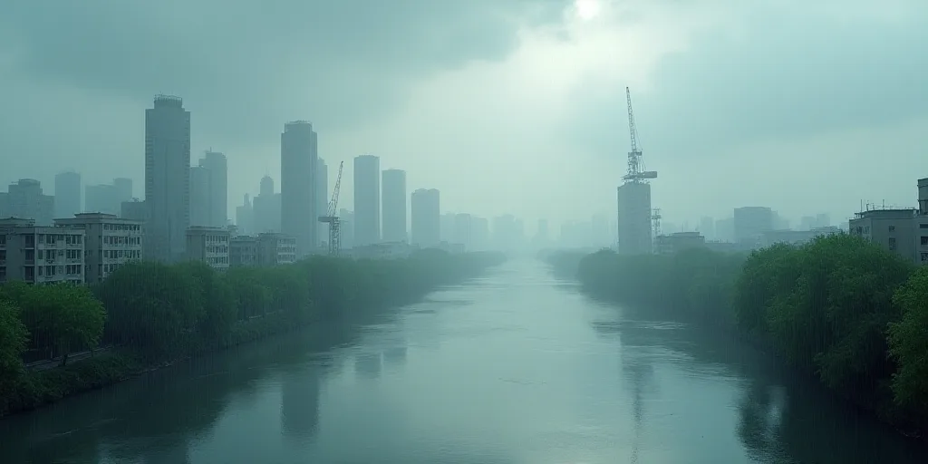 a city skyline with a crane in the distance and a river running through it in the foreground, and a