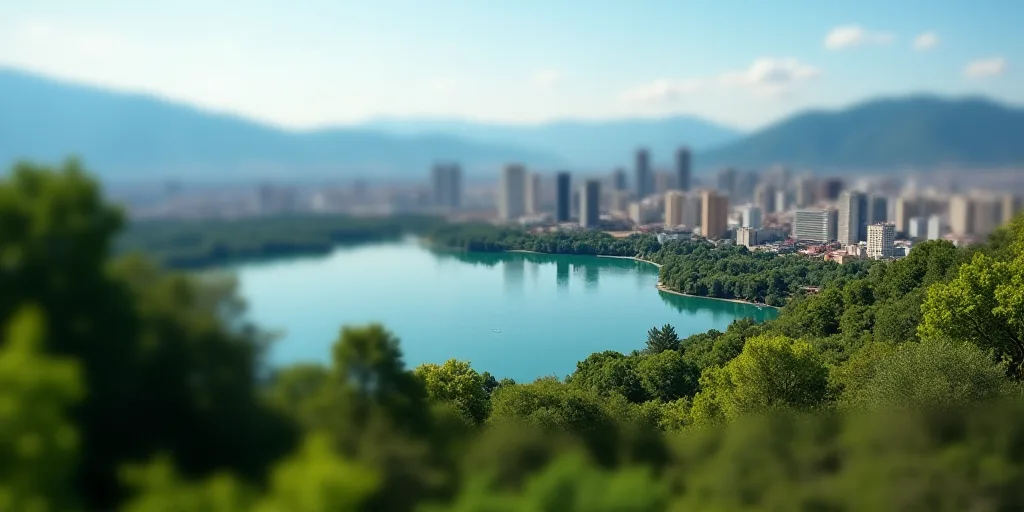 a city skyline with a lake in the foreground and trees in the foreground, and a city in the backgrou