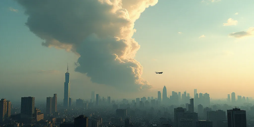 a city skyline with a large cloud of smoke in the sky and a plane flying in the foreground, Cao Zhib