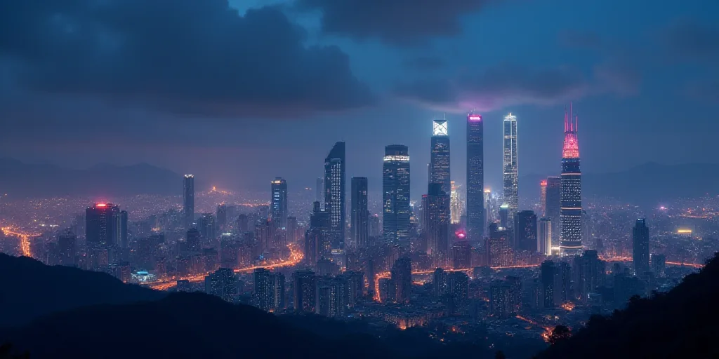 a city skyline with a lot of tall buildings at night time with lights on them and a few clouds in th