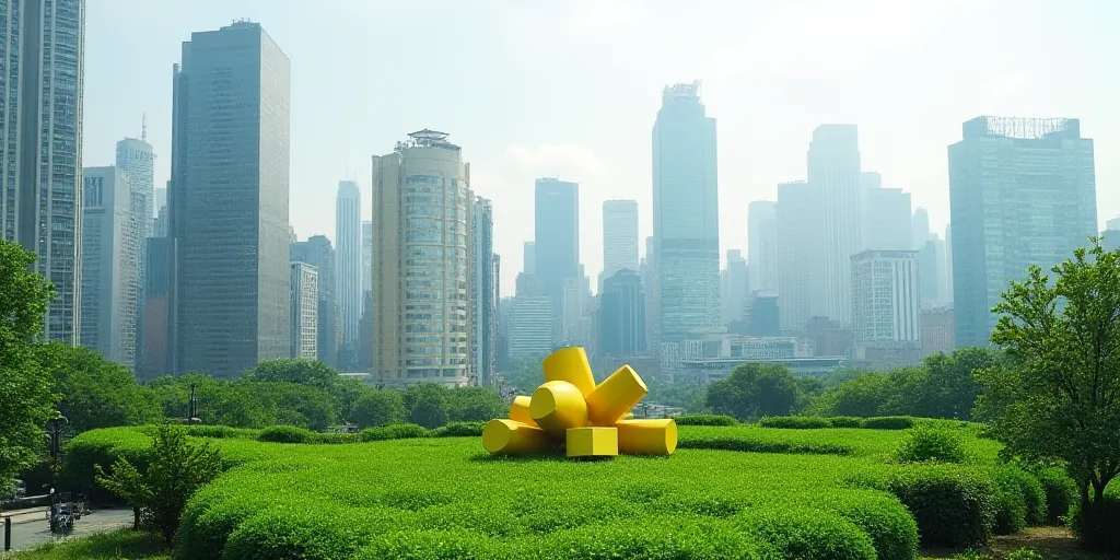 a city skyline with tall buildings and a green roof garden in the foreground and a yellow sculpture
