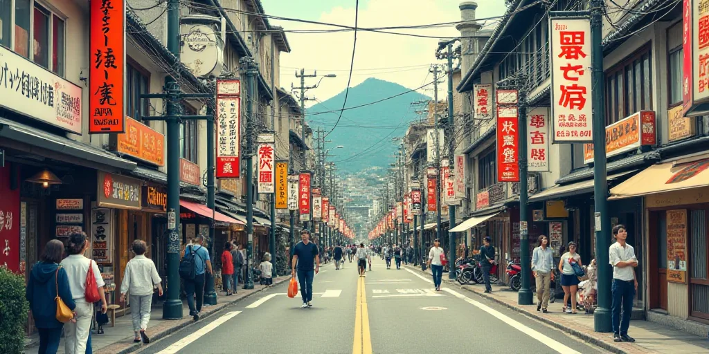 a city street with many signs and people walking down it and a lot of buildings in the background wi