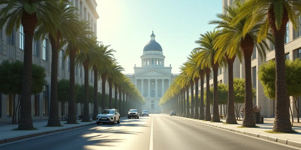 a city street with palm trees and a large building in the background with a domed glass dome on top,