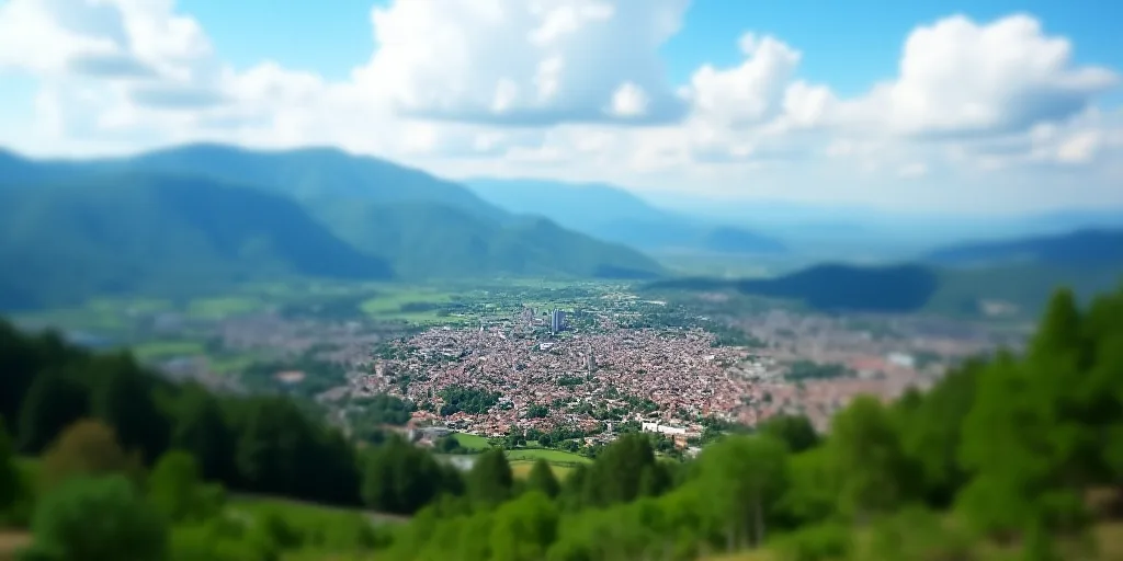 a city surrounded by mountains and trees in the middle of the day with a blue sky and clouds above,