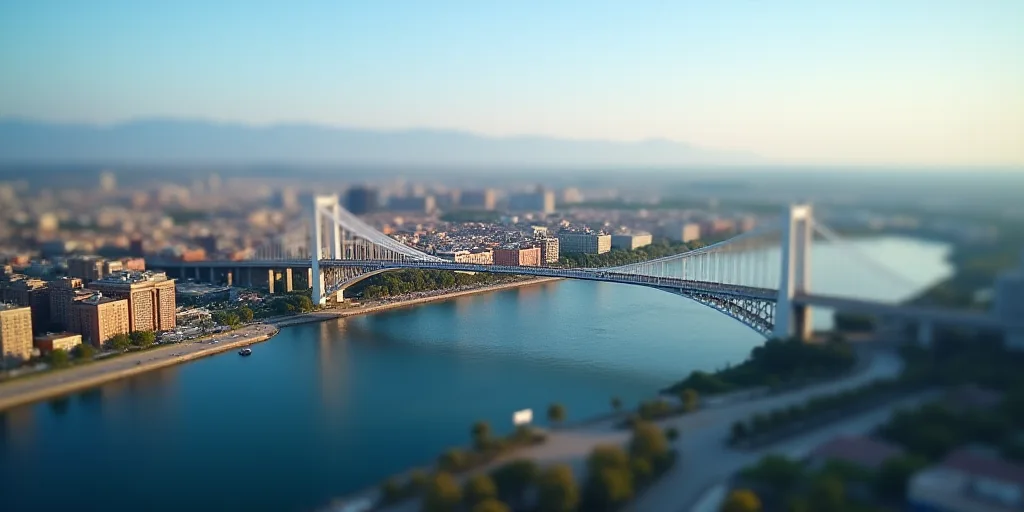 a city with a bridge and a bridge over it with a sky line above it and a city below, Aquirax Uno, bl