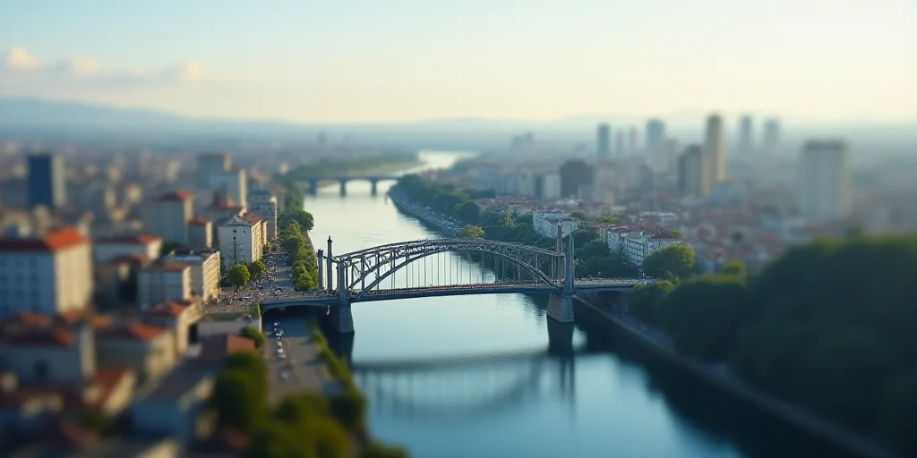 a city with a bridge and a bridge over it with a sky line above it and a city below, Aquirax Uno, bl