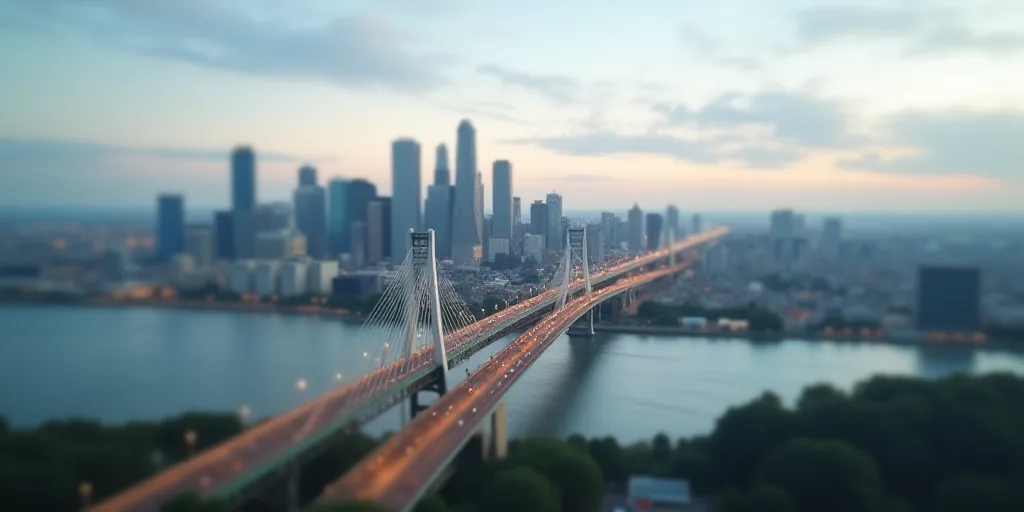 a city with a bridge and a large city in the background with tall buildings and a bridge over a rive