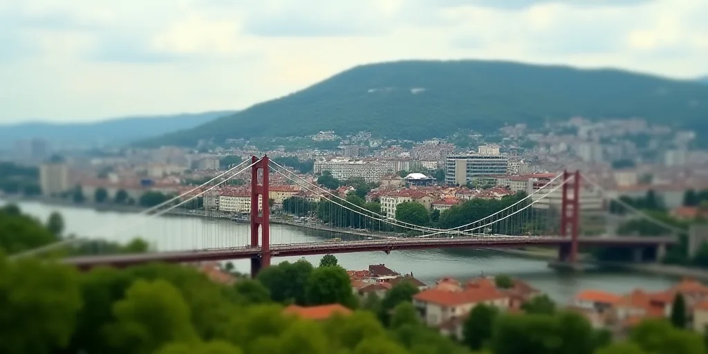 a city with a hill in the background and a bridge in the foreground with a bridge going across it, A