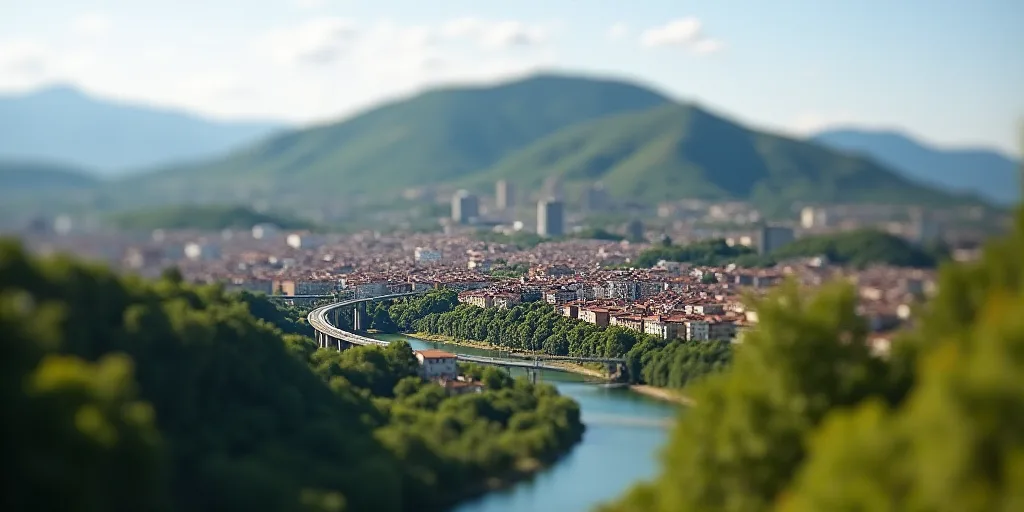 a city with a hill in the background and a bridge in the foreground with a bridge going across it, A