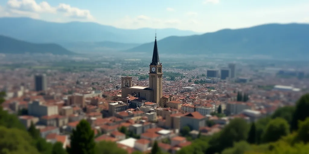 a city with a large clock tower in the middle of it's center surrounded by mountains and hills, Eddi