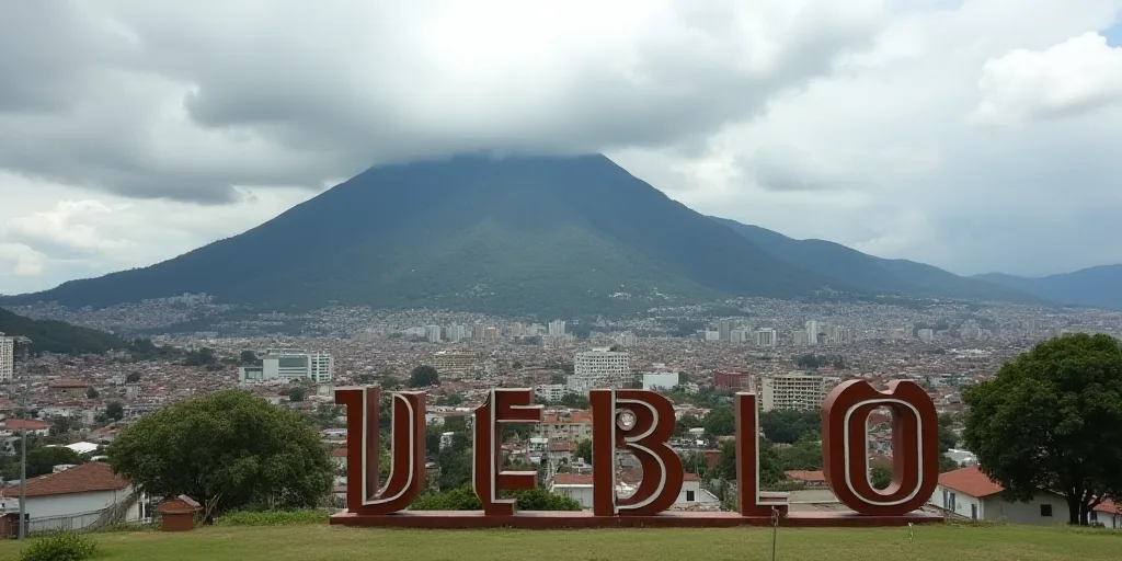 a city with a large sign that says pueblo in front of it and a mountain in the background with a clo