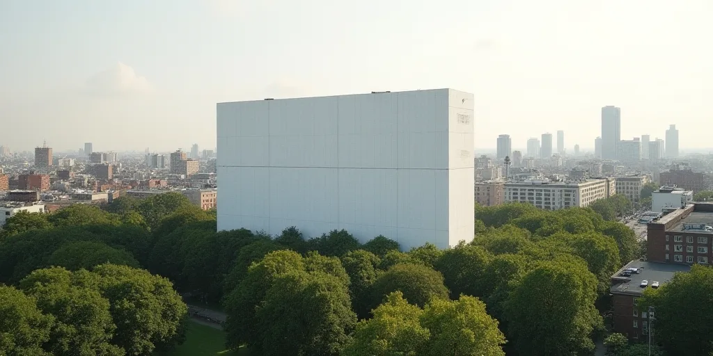 a city with a large white building in the background and trees in the foreground, and a few building