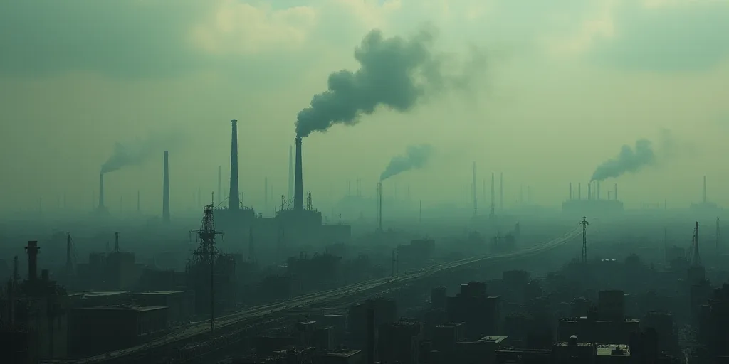 a city with a lot of buildings and smoke coming out of it's stacks of smokestacks, De Hirsh Margules