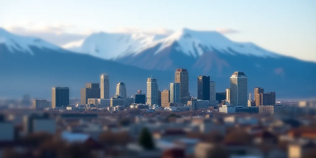 a city with a lot of tall buildings and mountains in the background with snow on the tops of the mou