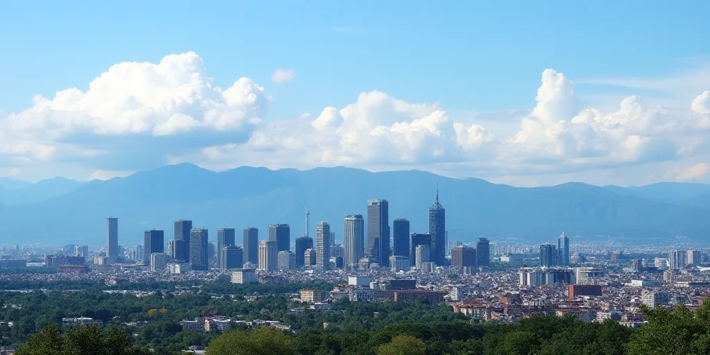 a city with a lot of tall buildings and mountains in the background with clouds in the sky and a blu