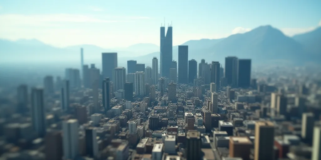 a city with a lot of tall buildings and mountains in the background, with a few buildings in the for