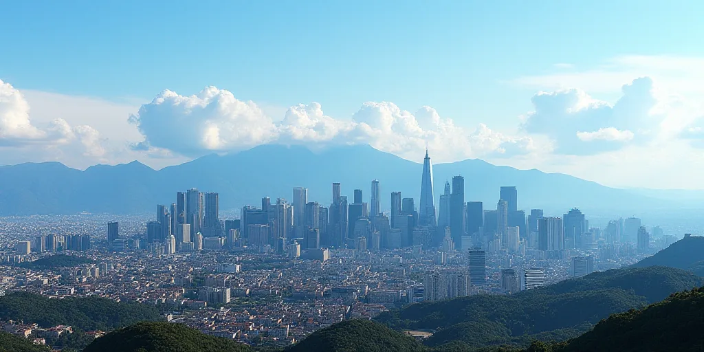 a city with a lot of tall buildings and mountains in the background with clouds in the sky and a blu
