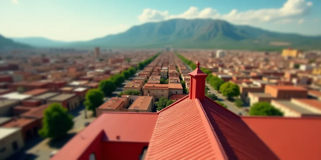 a city with a mountain in the background and a red building in the foreground with a red roof, Diego