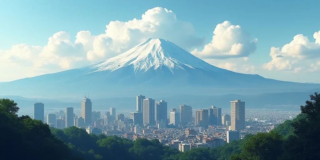 a city with a mountain in the background and clouds in the sky above it, with a cityscape in the for