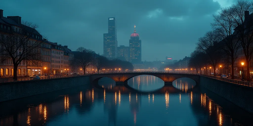 a city with a river running through it at night time with a bridge going over it and a tall building