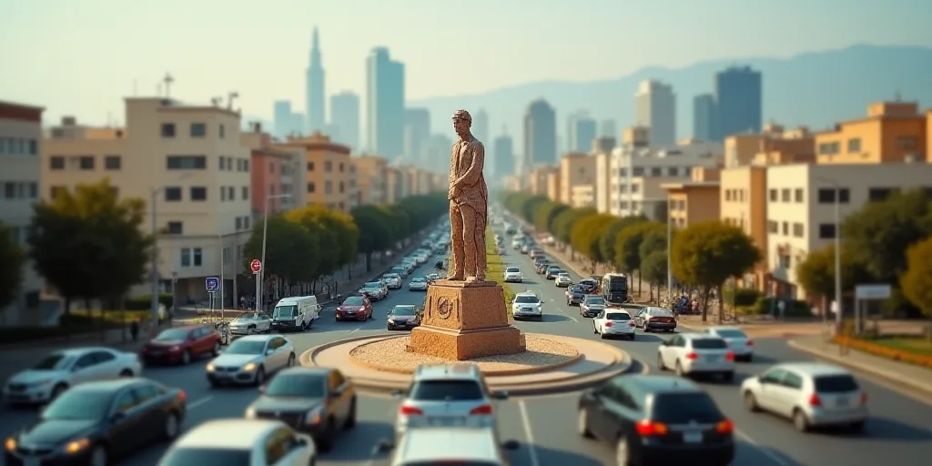 a city with a statue in the middle of it and a lot of cars driving around it in the foreground, Davi