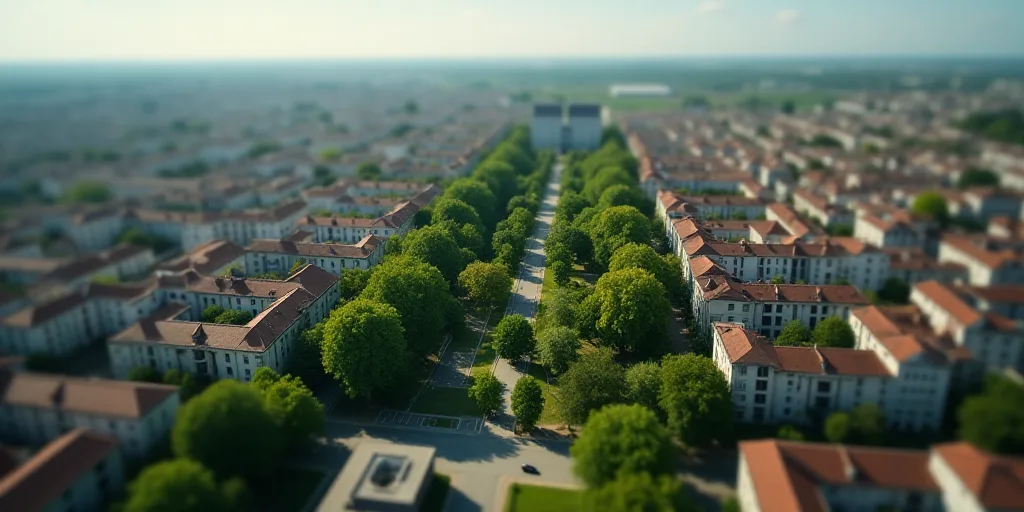 a city with lots of buildings and lots of trees in the middle of it, from above, looking down on a c