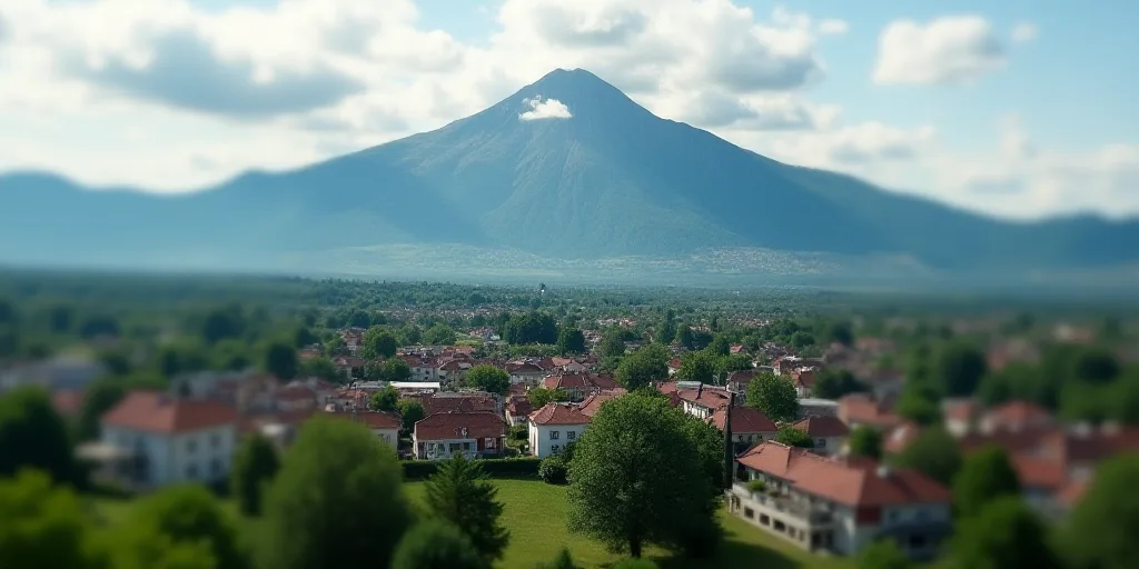 a city with lots of houses and trees in the foreground and a mountain in the background with clouds