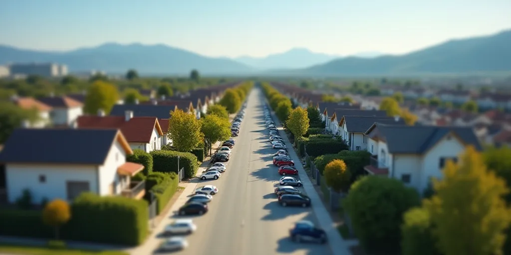 a city with lots of houses and cars parked in front of them and mountains in the background in the d
