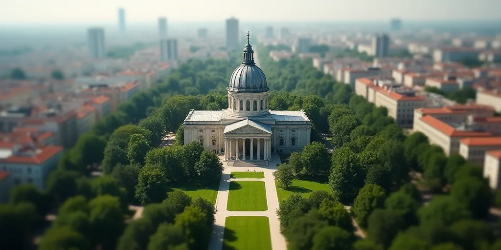 a city with lots of tall buildings and lots of trees in the middle of it, and a large building with