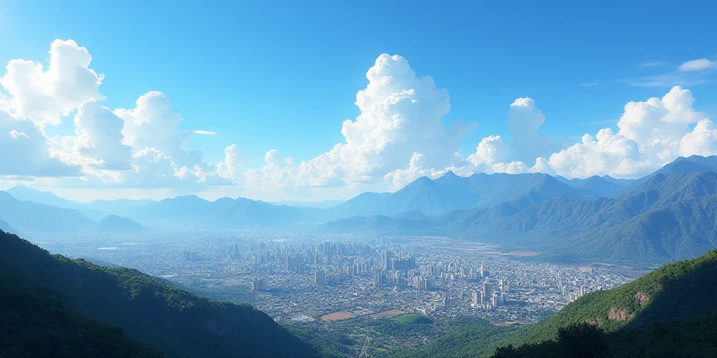 a city with mountains in the background and a blue sky in the foreground with a few clouds in the sk