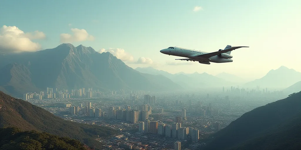 a city with mountains in the background and a plane flying over it in the foreground of the picture,