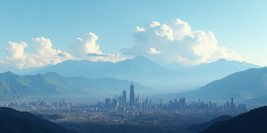 a city with mountains in the background and a cloudy sky in the foreground with a few clouds in the