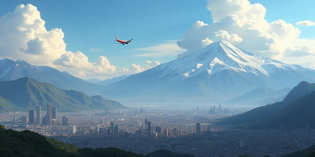 a city with mountains in the background and a plane flying over it in the foreground of the picture,