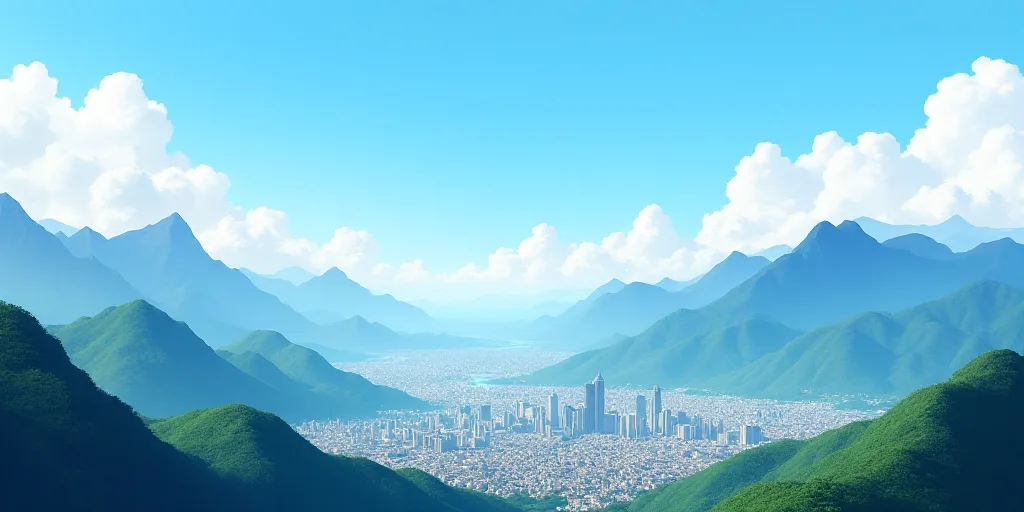 a city with mountains in the background and a blue sky in the foreground with a blue sky and a blue