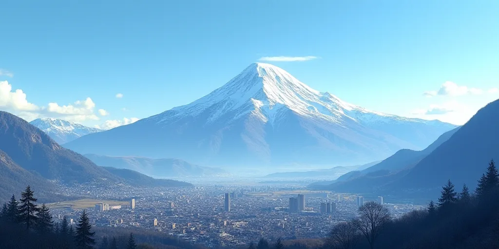 a city with mountains in the background and a blue sky in the foreground with a snow capped mountain