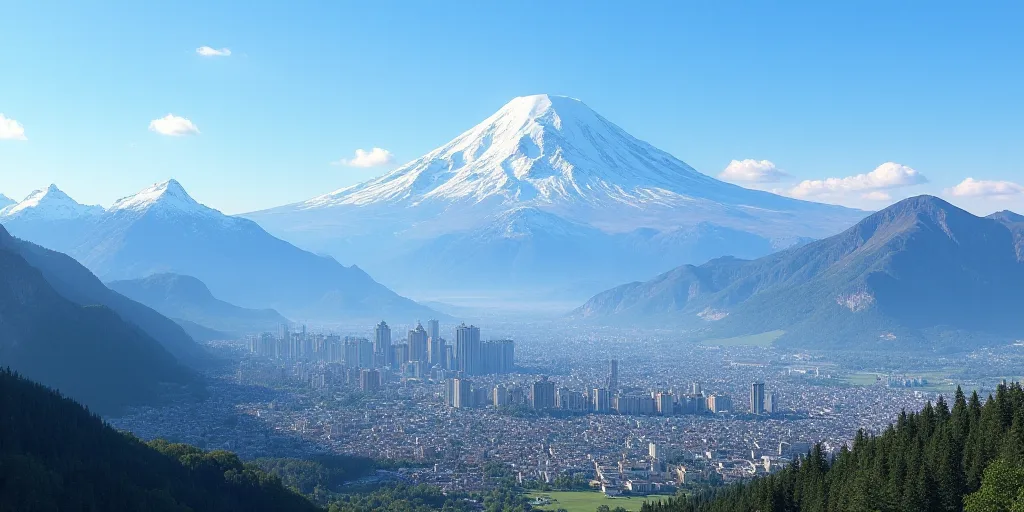a city with mountains in the background and a blue sky in the foreground with a snow capped mountain