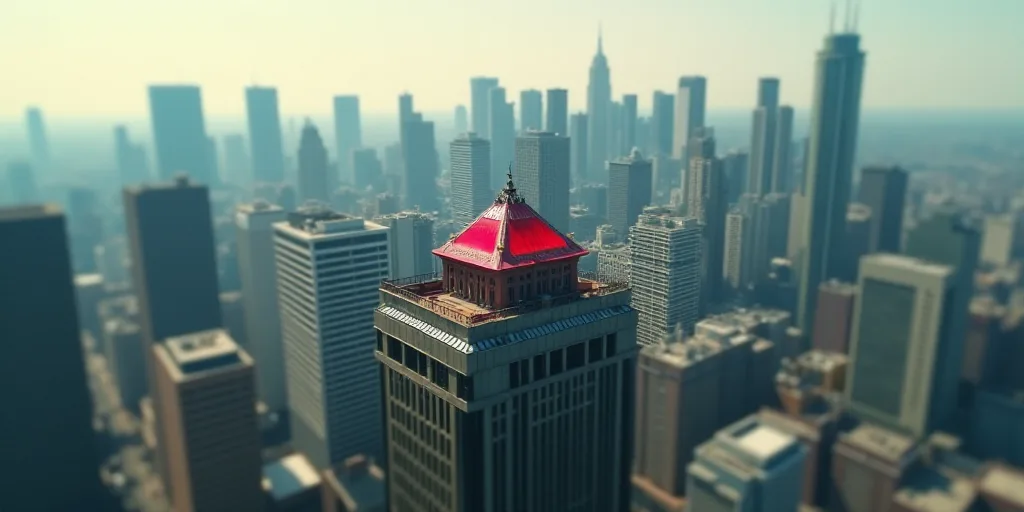 a city with tall buildings and a red roof top in the middle of the city, with a lot of tall building