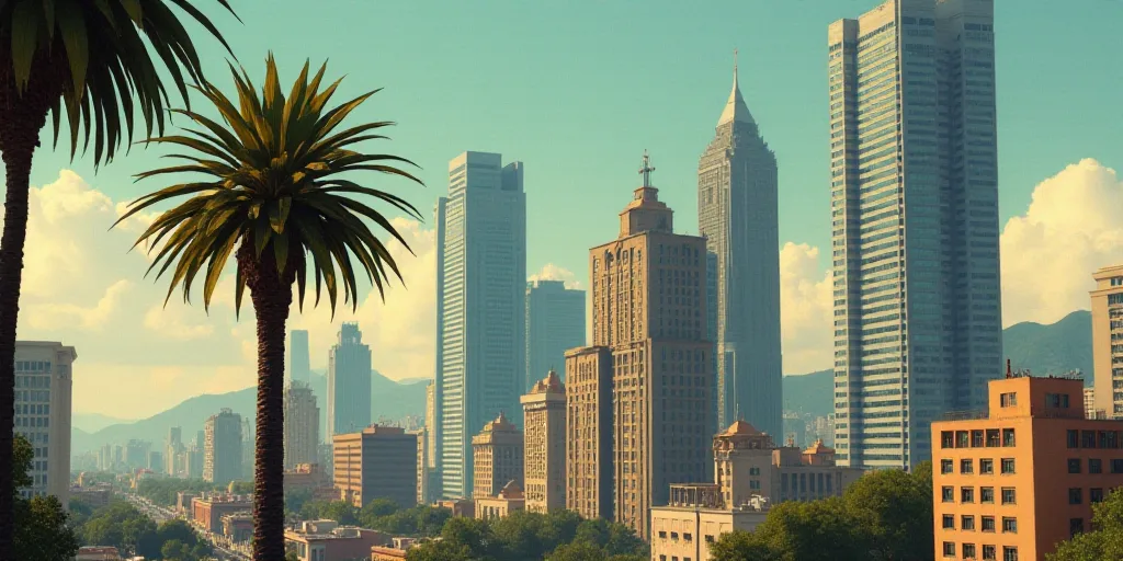 a city with tall buildings and a street sign in front of it with a palm tree in the foreground, Dieg
