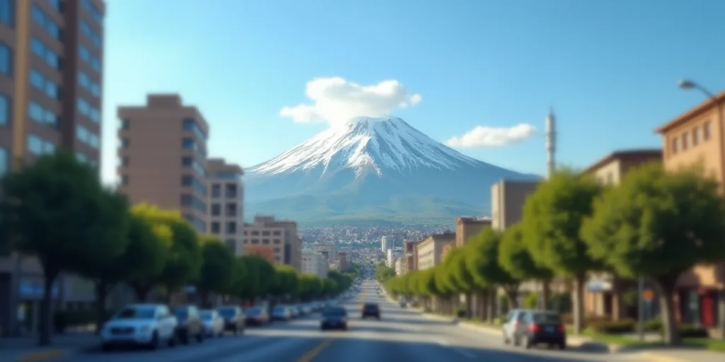 a city with tall buildings and a street in the foreground and a mountain in the background with a bl