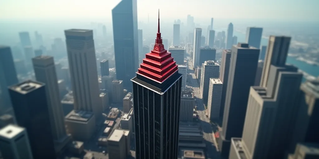 a city with tall buildings and a red roof top in the middle of the city, with a lot of tall building