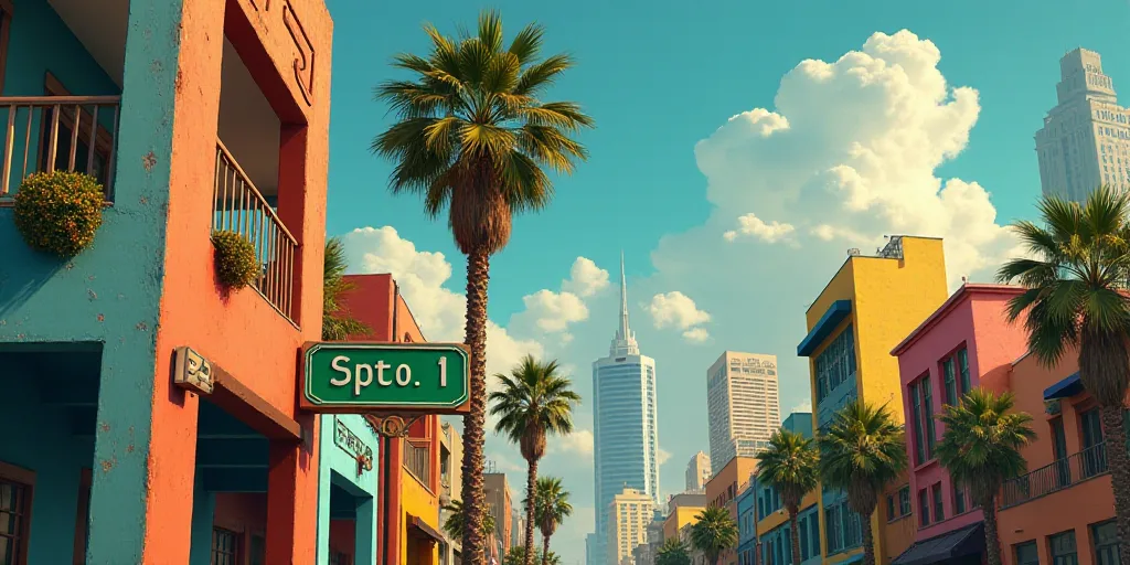a city with tall buildings and a street sign in front of it with a palm tree in the foreground, Dieg