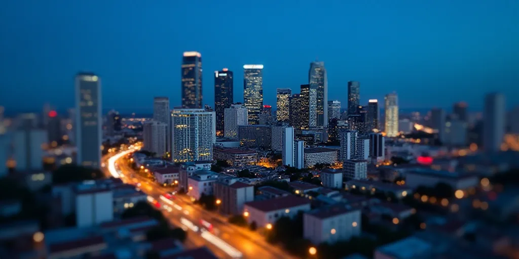a cityscape with a lot of tall buildings and a lot of traffic at night time with a blue sky, Almada