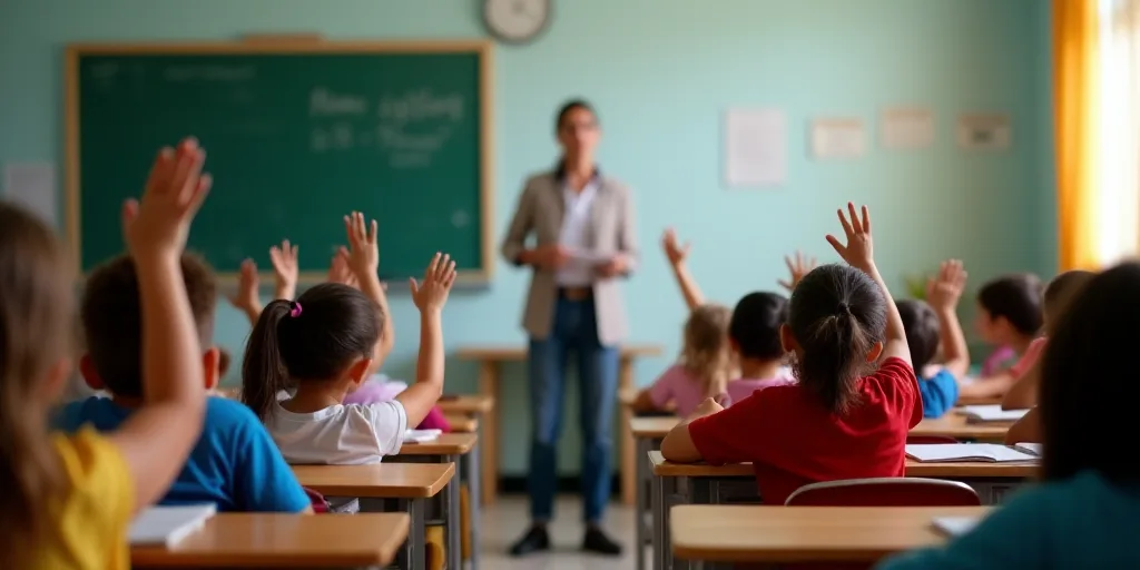 a classroom full of children sitting at desks and a teacher standing in front of them with their han