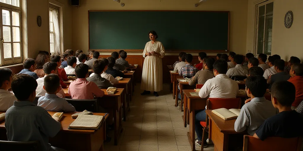 a classroom full of students sitting at desks with books on them and a teacher standing in front of